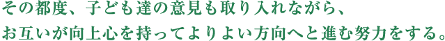 その都度、子ども達の意見も取り入れながら、
お互いが向上心を持ってよりよい方向へと進む努力をする。