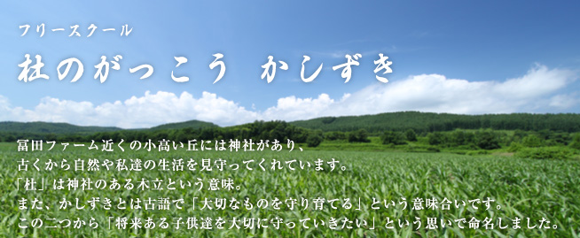 フリースクール杜のがっこう かしずき 冨田ファーム近くの小高い丘には神社があり、古くから自然や私達の生活を見守ってくれています。「杜」は神社のある木立という意味。また、かしずきとは古語で「大切なものを守り育てる」という意味合いです。この二つから「将来ある子供達を大切に守っていきたい」という思いで命名しました。